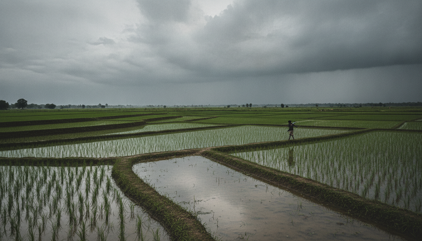 Paddy fields under monsoon clouds in Chhattisgarh ahead of a heavy rain alert