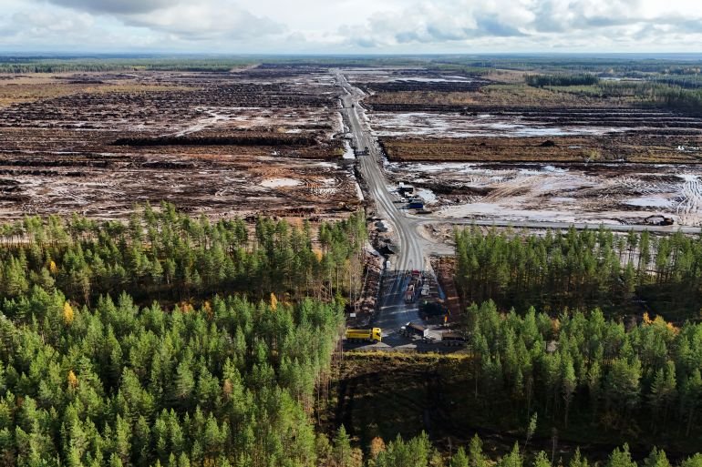 Aerial view of cleared forest land at the Muhos, Finland site where Google is building a data center