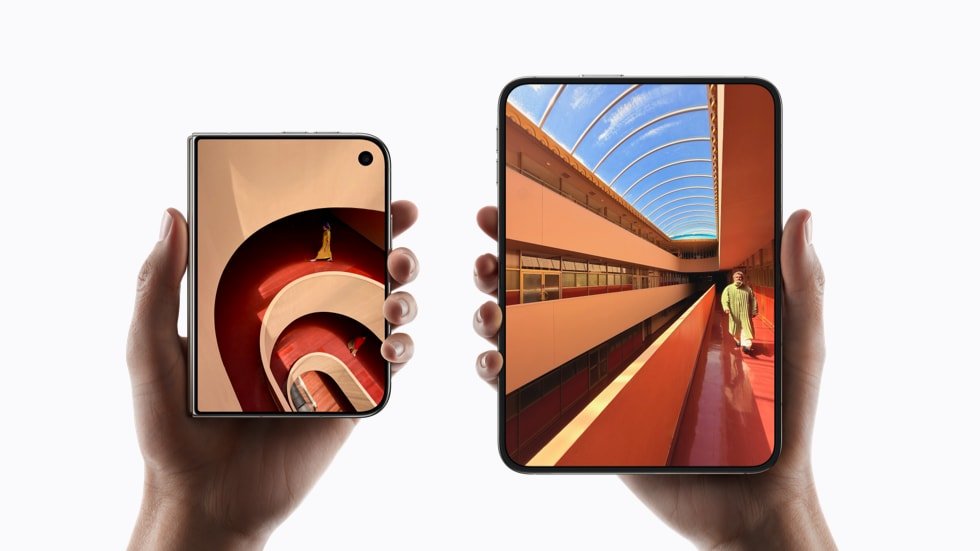 Apple iPhone Duo foldable iPhone shown in folded and open positions, official Apple product photo