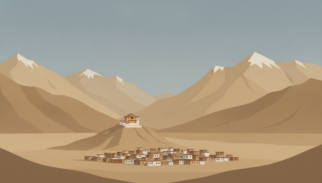 Flat illustration of the Ladakh Himalayan landscape and a small town in a valley