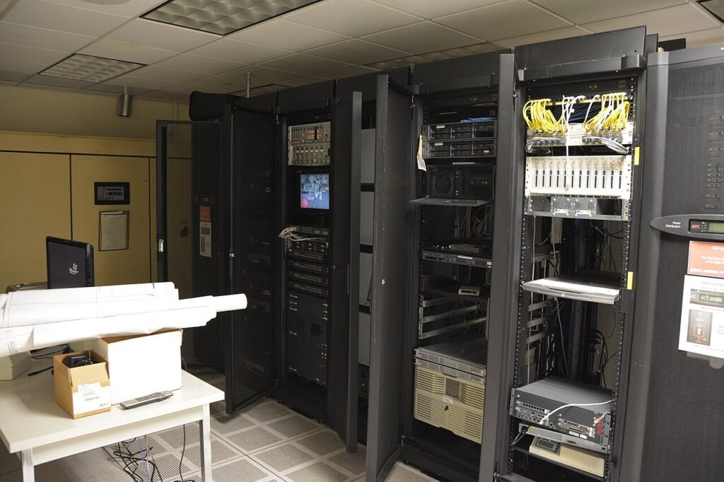 Data center server room with equipment racks, representative image of AI compute infrastructure